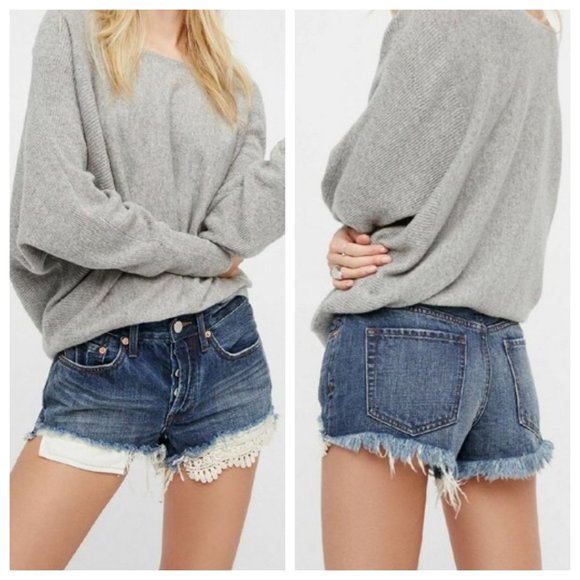 Free People Pants - FREE PEOPLE Distressed Dark Wash Lace Denim Shorts